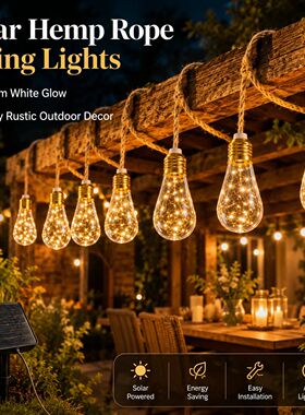 Solar String Lights Hemp Rope Edison Bulb Fairy Lights 4M/6M