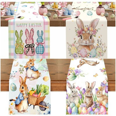 Happy Easter Table Runner 35*180cm Colorful Checkered Bunny