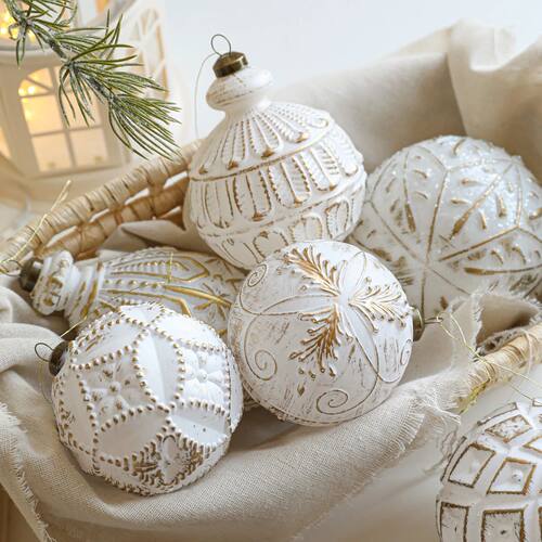 White Gold Christmas Ball Ornament Matte Retro Light Snowfla