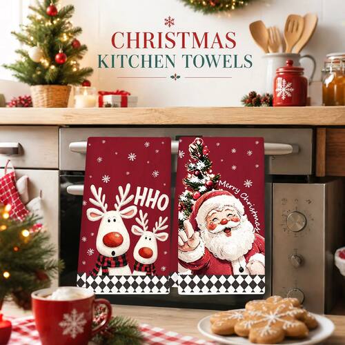 2pcs Merry Christmas Hand Towels Retro Santa Reindeer Absorb