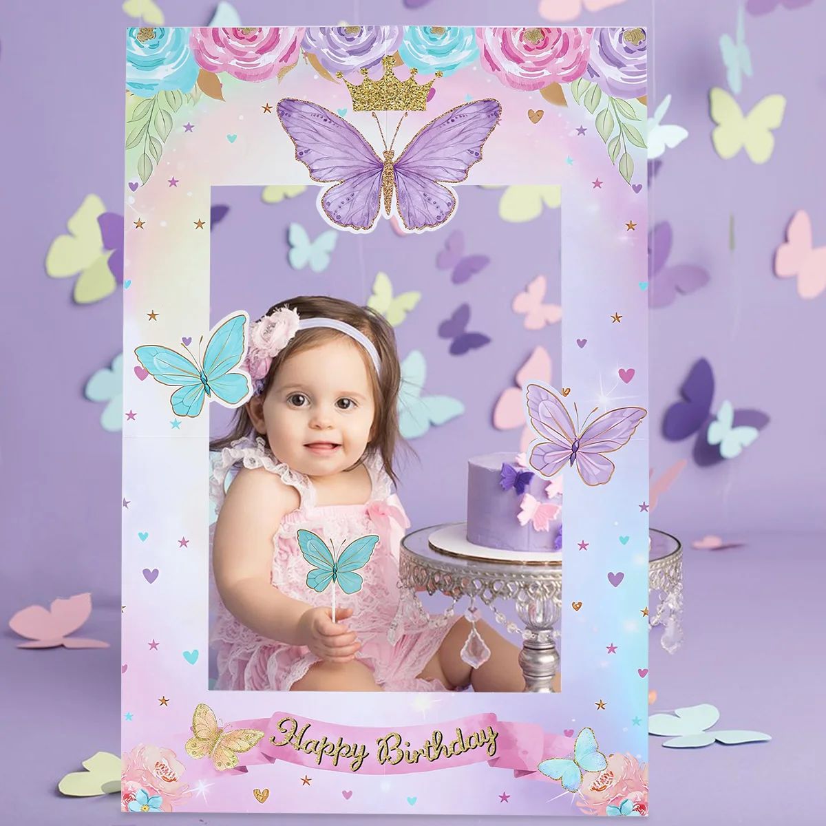 Pink Butterfly Birthday Tableware Backdrop Happy 1st First B