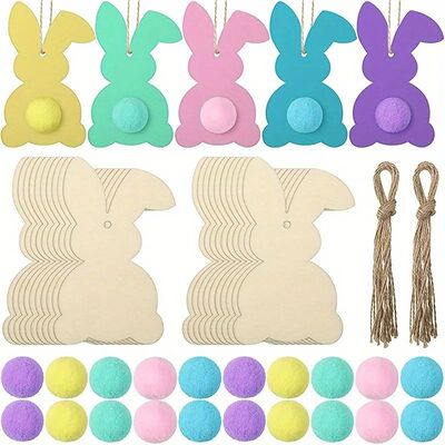 20pcs, DIY Easter Bunny Craft - Wooden Rabbit Cutouts with F