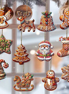 12Pcs Christmas Wooden Pendants Gingerbread Man Santa Claus