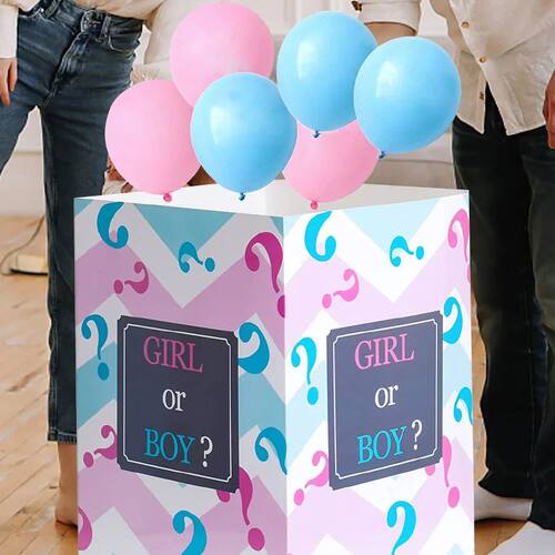 7pcs gender reveal box paired with 3 pink balloons and 3 blu