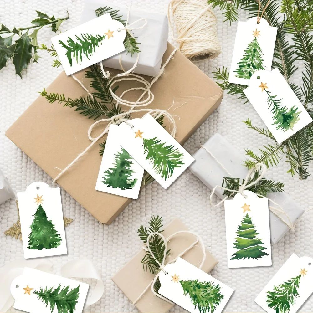 60pcs Cards Christmas Watercolor Pine Tree Gift Tags Festive