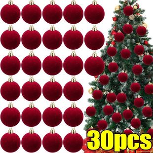for Red Flocked Tree Xmas Balls Christmas Velvet Wine 6cm