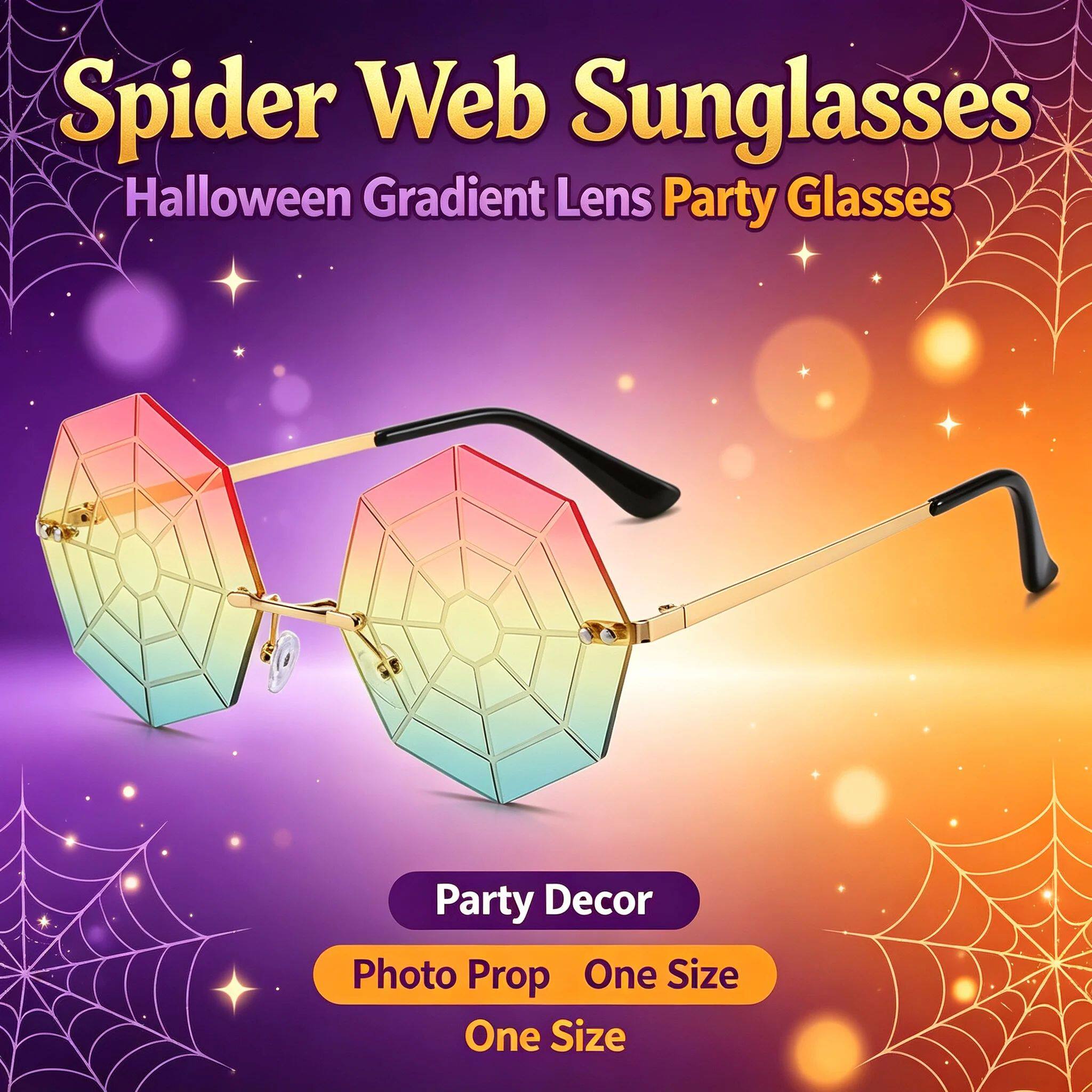 Halloween Spider Web Sunglasses Gradient Lens Rimless Octago