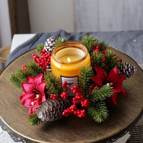Christmas Wreath Artificial Berries Pinecone Pine Candlestic