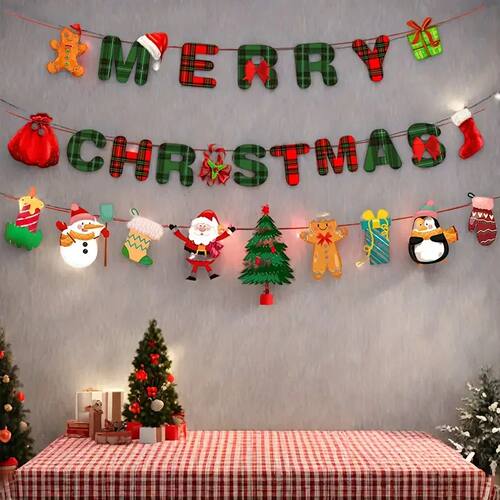 1set Merry Christmas Banners Decoration Santa Claus Snowman