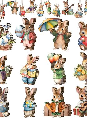 24pcs/set Easter decoration pendant, 2D wooden Easter egg ra