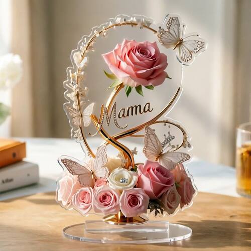 2D Flat Pink Rose Flower 'MAMA' Acrylic Tabletop Ornament Fi
