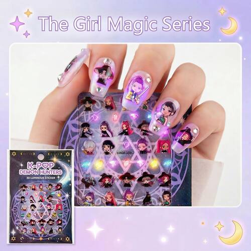 5PCS Cute Girls Luminous Full Nail Stickers, 3D Stereo Decal