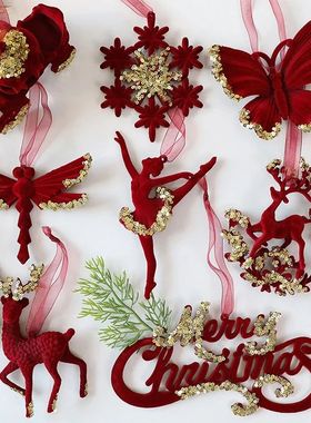 Red Flocking Christmas Tree Pendent Christmas Bells Snow Elk