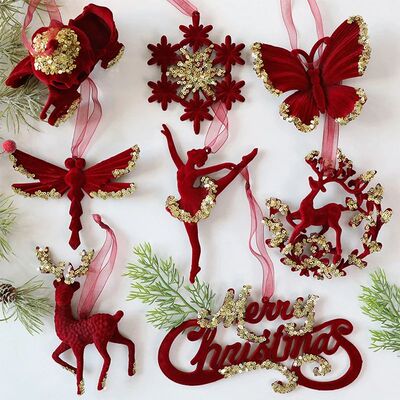 Red Flocking Christmas Tree Pendent Christmas Bells Snow Elk