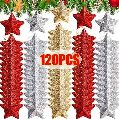 120/6Pcs Glitter Star Ornaments Christmas Tree Hanging Penta