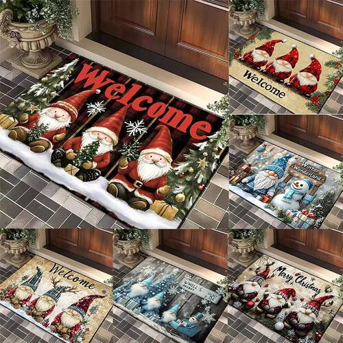Christmas Gnome Door Mat Plaid Pattern Welcome Rug Festive H