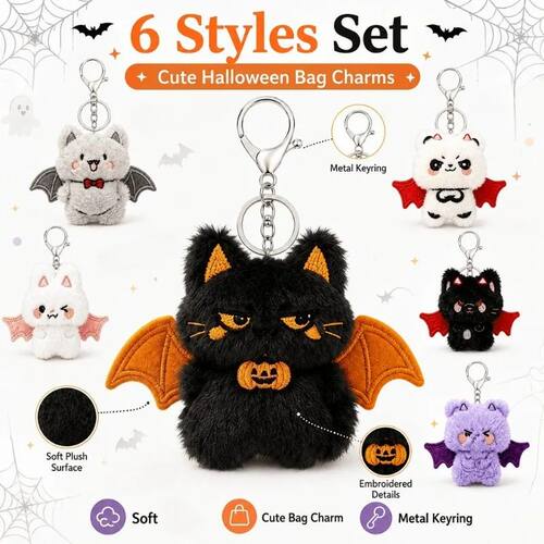6PCS Halloween Plush Keychain Set, Cute Bat Wing Animal Bag