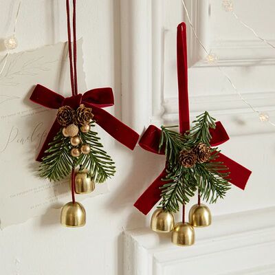 Christmas Jingle Bells Door Hanger Ornament Velvet Bow Pine