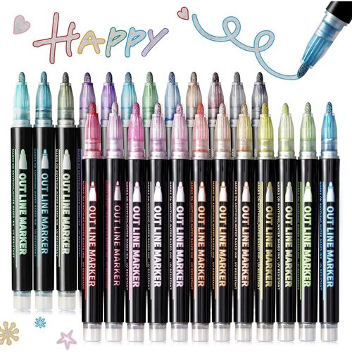 12-48 Colors Double Line Outline Metallic Highlighter Pens