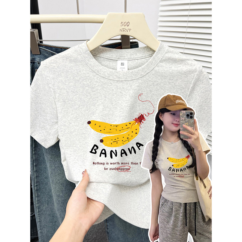 卡通水果香蕉印花正肩修身短袖t恤女高弹力棉休闲大码女装上衣ins