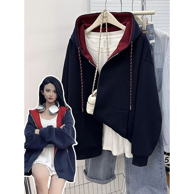 秋冬新款宽松撞色连帽拉链卫衣女款爆款外套简约纯色运动学院风潮