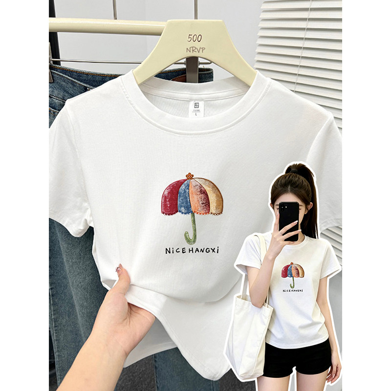 白色卡通雨伞印花正肩短袖t恤女修身韩版圆领显瘦大码女装上衣ins