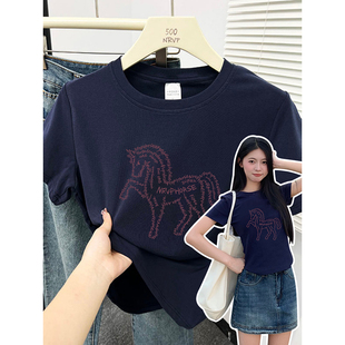 2026新款字母小马印花正肩短袖t恤女修身高弹力棉大码女装上衣ins