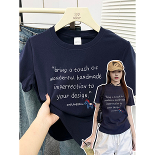 美式简约字母小马印花正肩短袖t恤女修身高弹力棉大码女装上衣ins