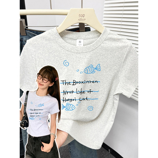 减龄圆领卡通印花正肩短袖t恤女修身高弹力棉胖mm大码女装上衣ins