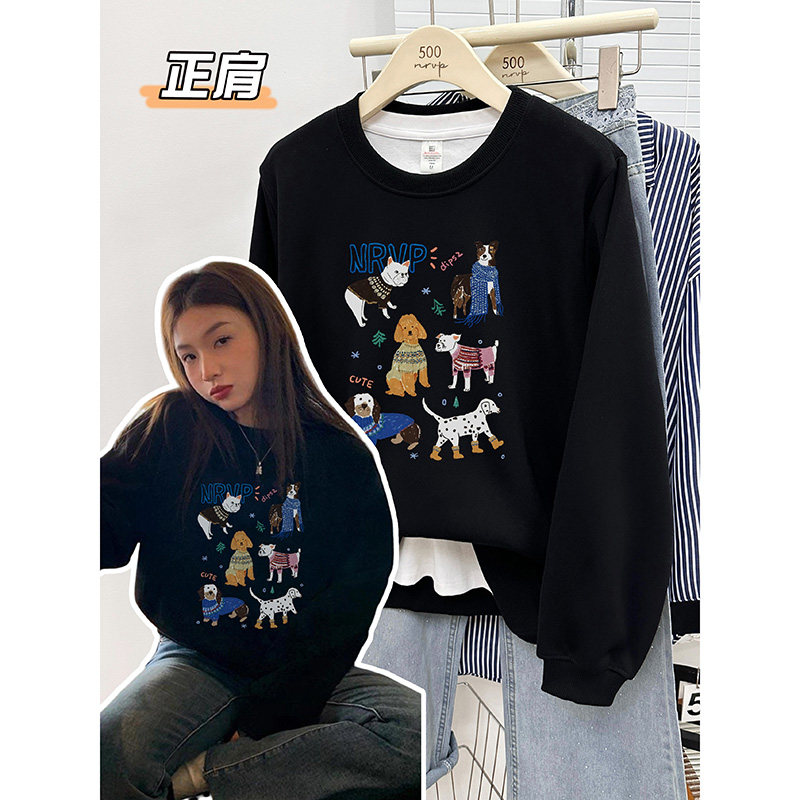 正肩黑色小众可爱小狗印花圆领宽松韩版卫衣长袖大码女装上衣ins