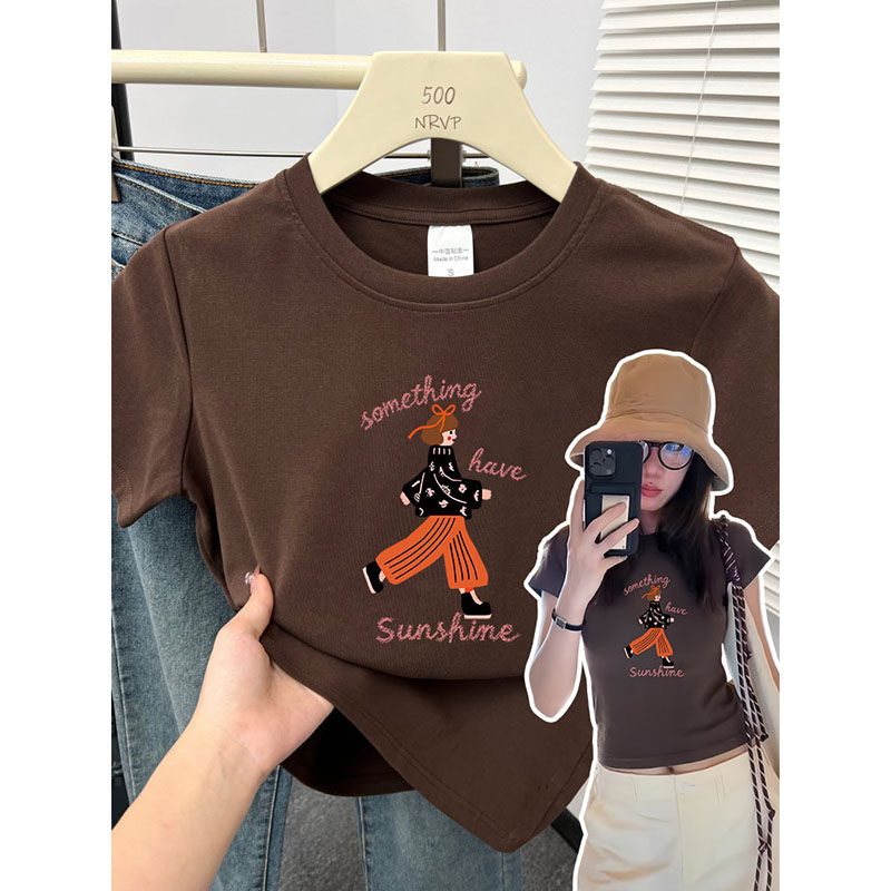 新款棕色卡通女孩印花短袖正肩t恤女修身高弹力棉大码女装上衣ins,女装/女士精品,T恤,淘宝优惠券,粉丝福利购,淘宝优惠卷