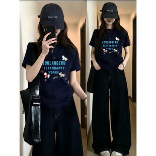 春夏新款小马印花正肩短袖t恤女修身高弹力棉圆领大码女装上衣ins