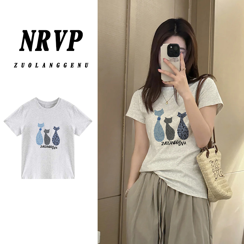 有趣小猫正肩短袖t恤女140斤到160斤微胖大码女装修身弹力棉上衣