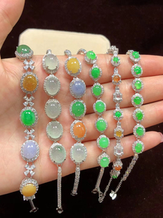 正品缅甸翡翠手链女冰种A货天然玉石蛋面玉手链S925银镶嵌手串