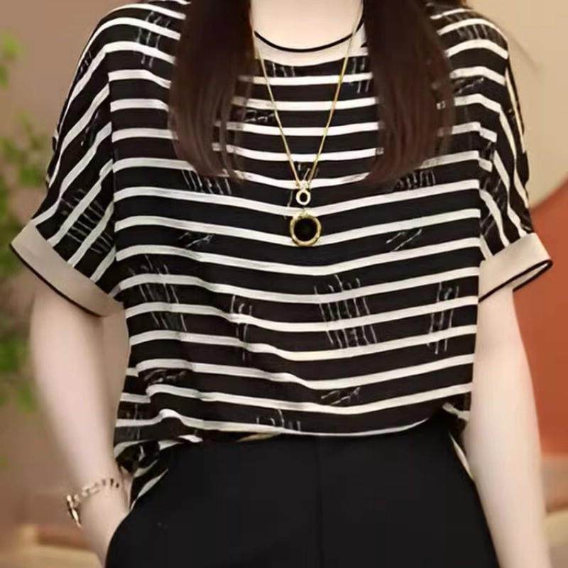 欧货高端条纹印花小衫女士妈妈夏季洋派雪纺T恤独特漂亮短袖上衣