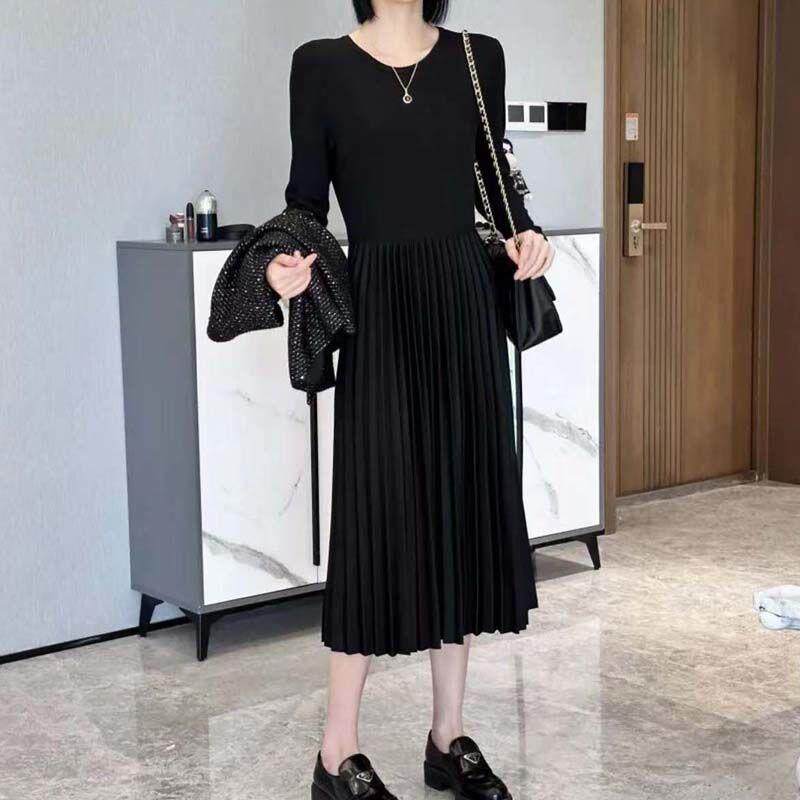 长袖内搭洋装女2025春秋新款气质显瘦百搭百褶裙子中长版小黑裙