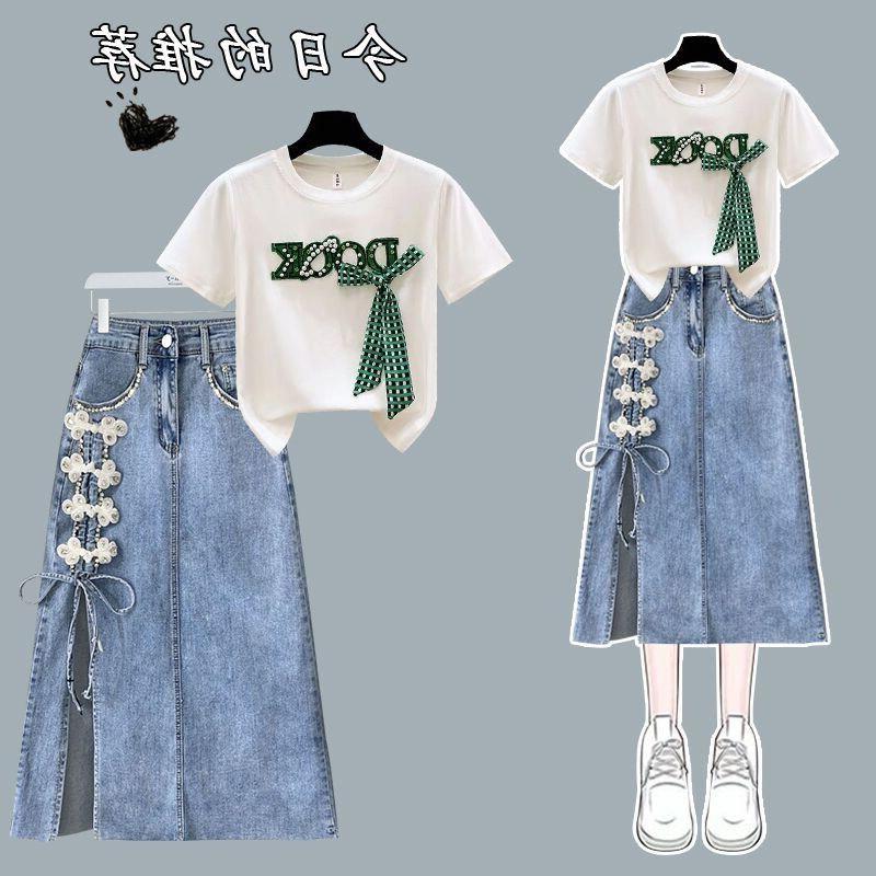时尚套装女夏新款小众设计感蝴蝶结洋派短袖上衣搭钉珠牛仔半身裙