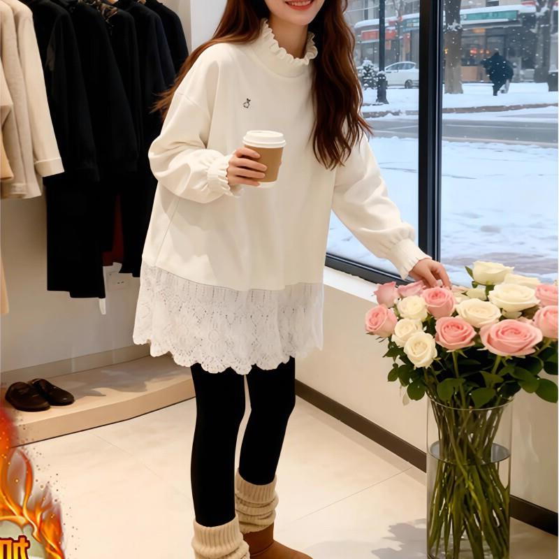 中长版蕾丝边拼接加绒长袖T恤女2025秋冬新款洋派宽松圆领内搭衣
