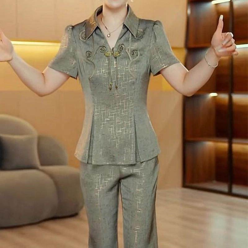 高端妈妈装两件套女夏季新款收腰显瘦时尚气质上衣裤子套装