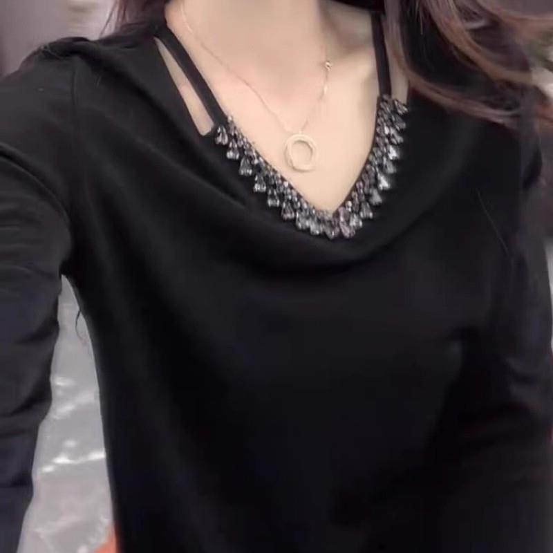 欧货黑色V领长袖T恤女春秋新款打底衫重工镶钻镂空高端大牌上衣