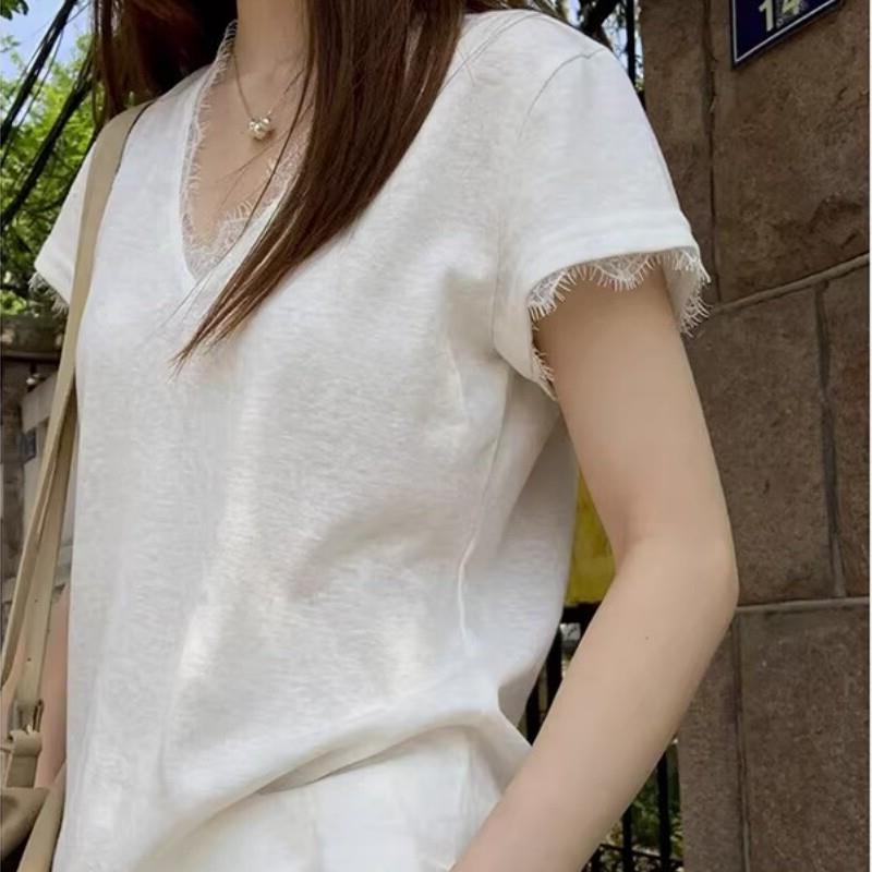 白色V领正肩短袖t恤女2026夏季新款设计感蕾丝拼接纯欲风气质上衣
