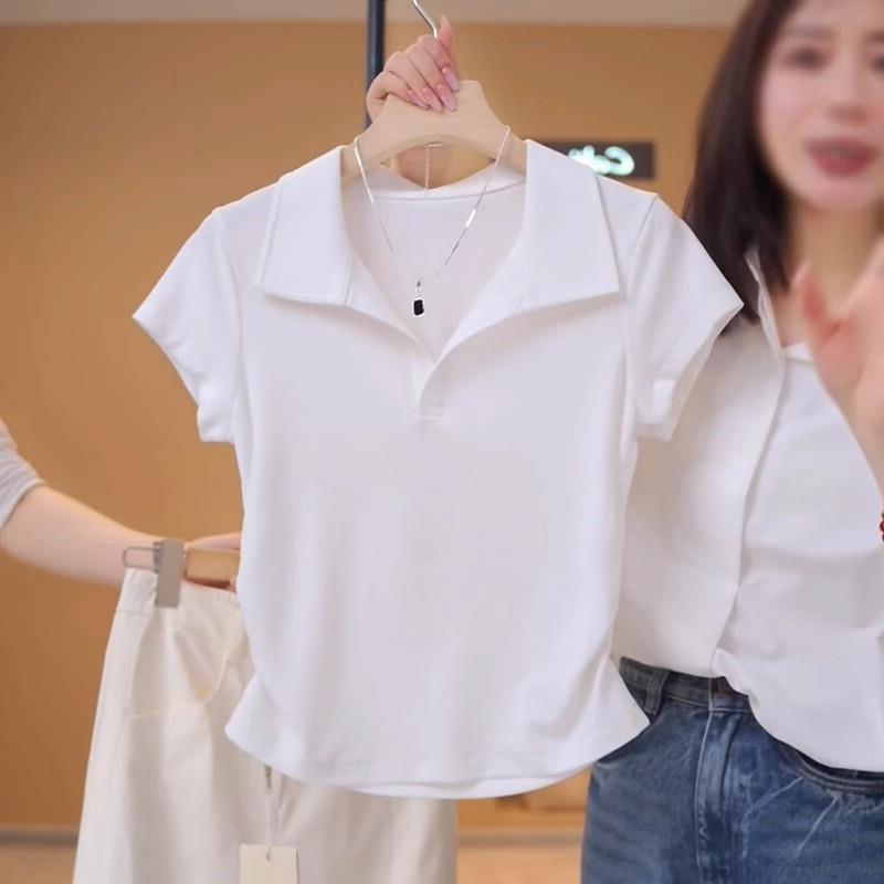 白色polo领短袖t恤女2025夏季新款时尚洋派短款小衫修身显瘦上衣