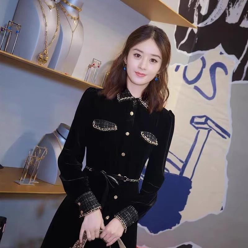 名媛气质小香风连衣裙女秋装高端收腰显瘦长袖高端黑色丝绒长裙子