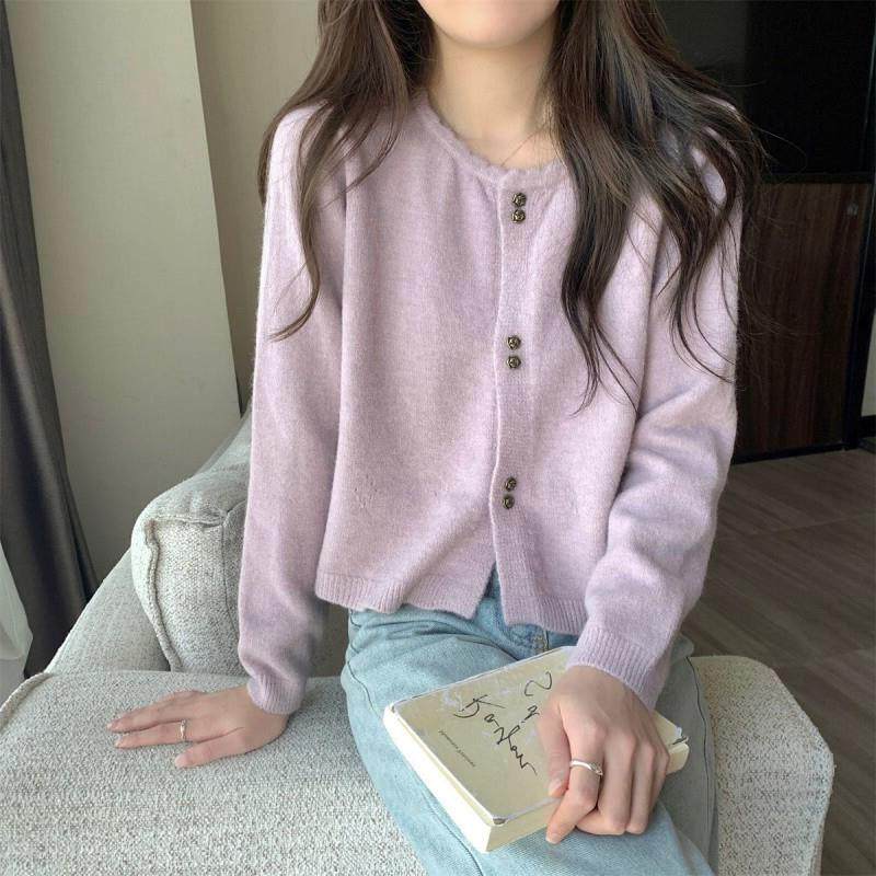 配裙子小个子温柔甜美风短款花边圆领长袖针织衫毛衣开衫外套外穿