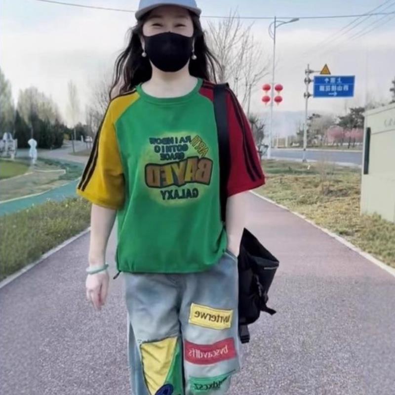 洋派时尚两件式套装女2025年夏新款袖子拼色印花短袖水洗牛仔哈伦