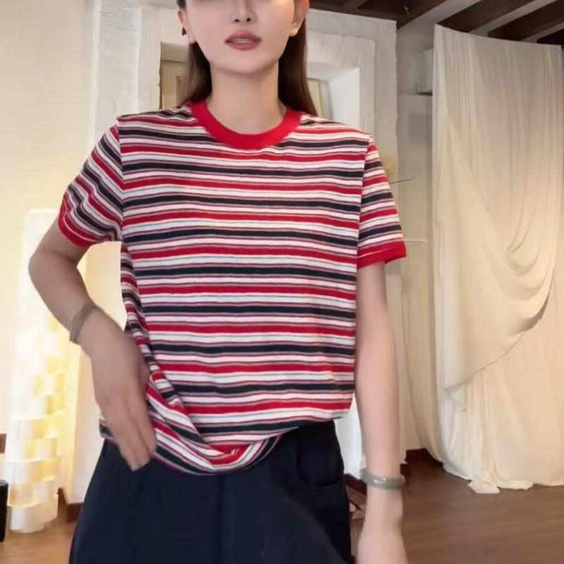 韩版红色条纹正肩短袖T恤女2026夏季新款圆领撞色拼接收腰上衣潮
