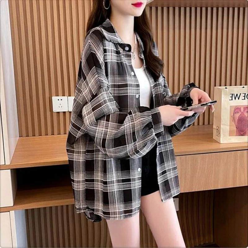防晒衣服女夏季薄款外套2025年新款韩版宽松百搭长袖雪纺格子衬衣