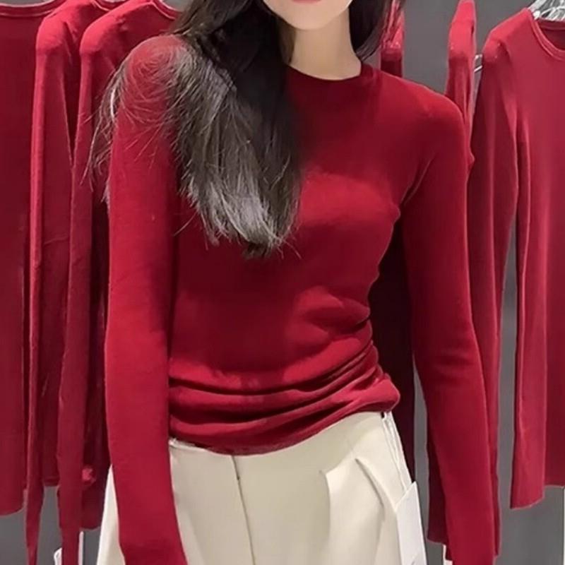 红色针织衫女装春秋款韩系chic氛围感红茶风穿搭打底衫上衣
