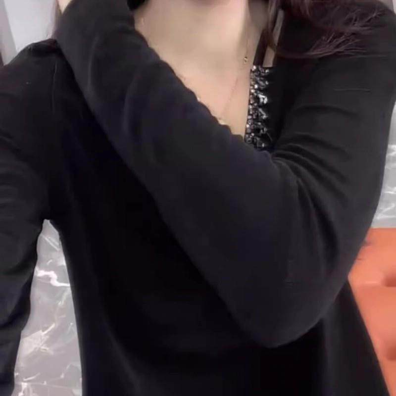 黑色V领长袖内搭衣女2025早春新款重工镶钻镂空设计大尺码百搭上