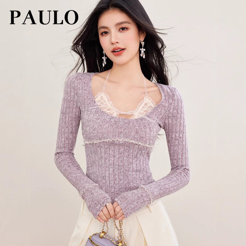 SRAVE PAULO 拉夫保罗修身紫色假两件挂脖针织衫女打底衫长袖上衣